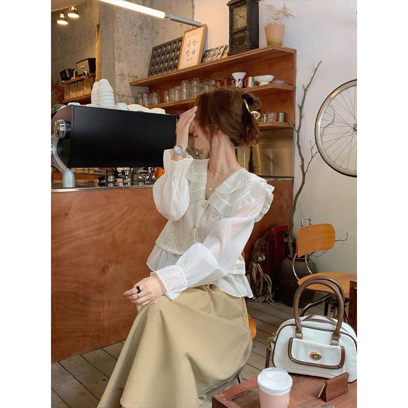 Áo sơ mi cổ sen mix ghi lê