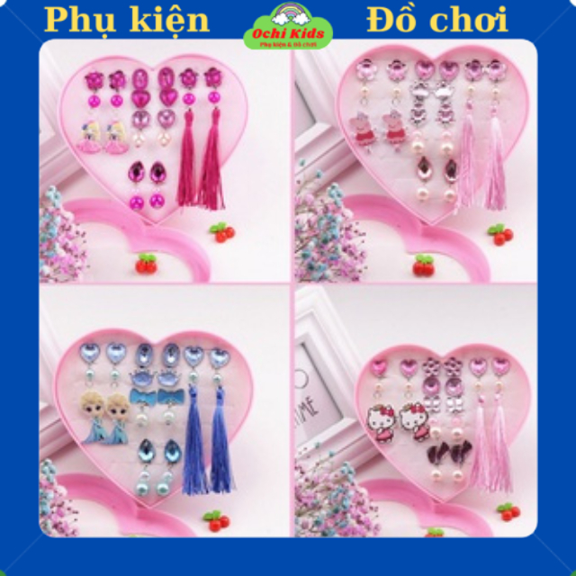 Set đồ trang sức khuyên tai hoạt hình Elsa, hộp phụ kiện trang sức cho bé gái Ochi Kids