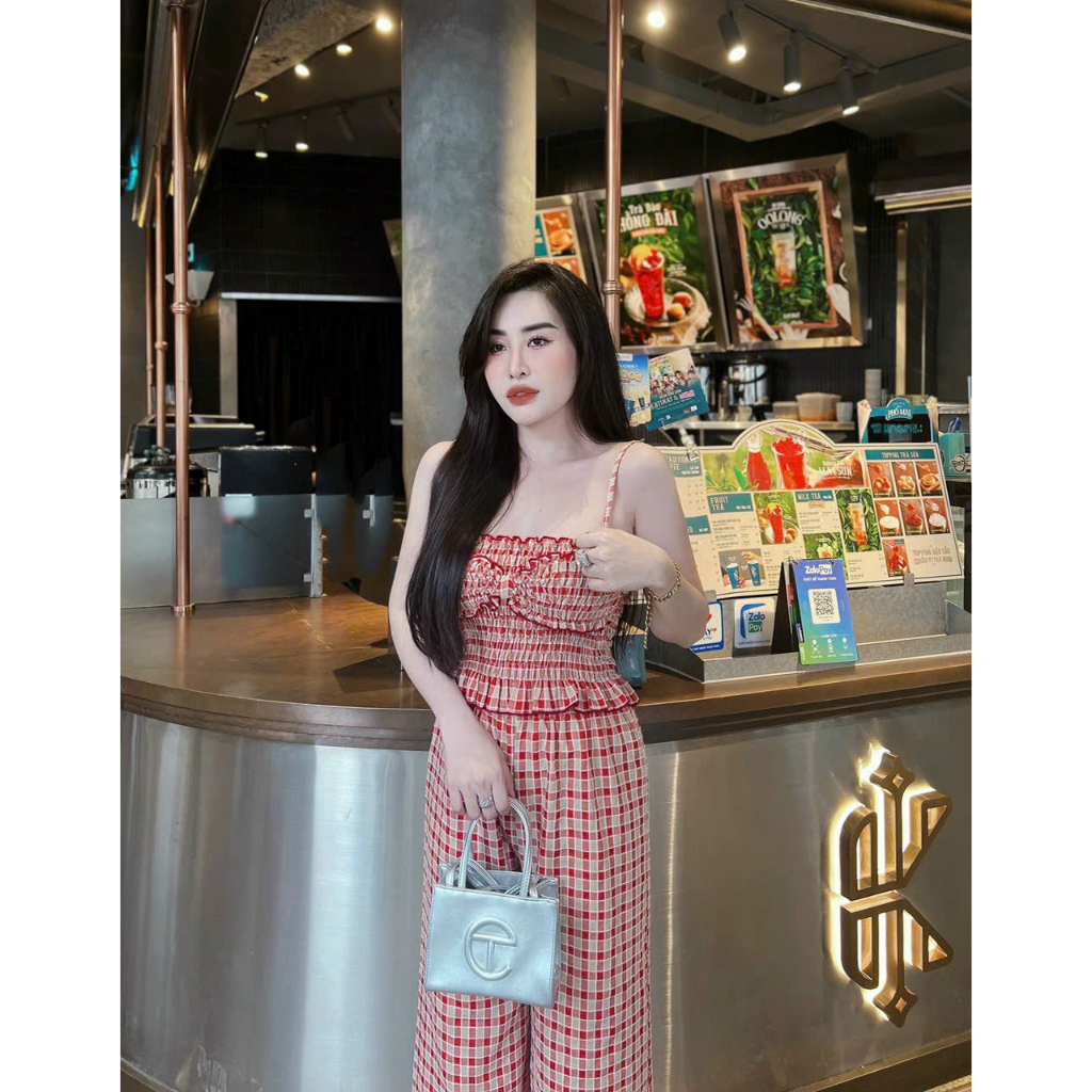 Đồ bộ nữ, đồ ngủ lụa latin mềm mịn, họa tiết caro, áo may nhún chun ôm dáng