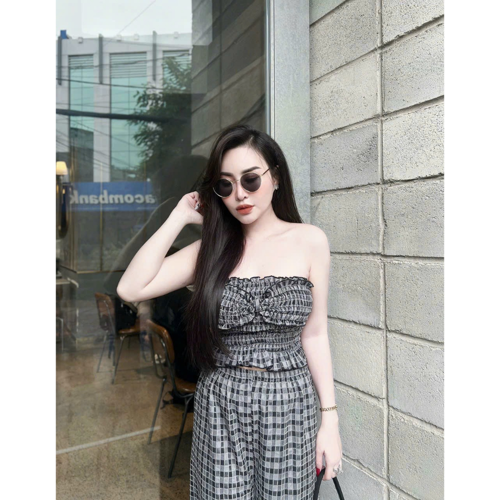 Đồ bộ nữ, đồ ngủ lụa latin mềm mịn, họa tiết caro, áo may nhún chun ôm dáng