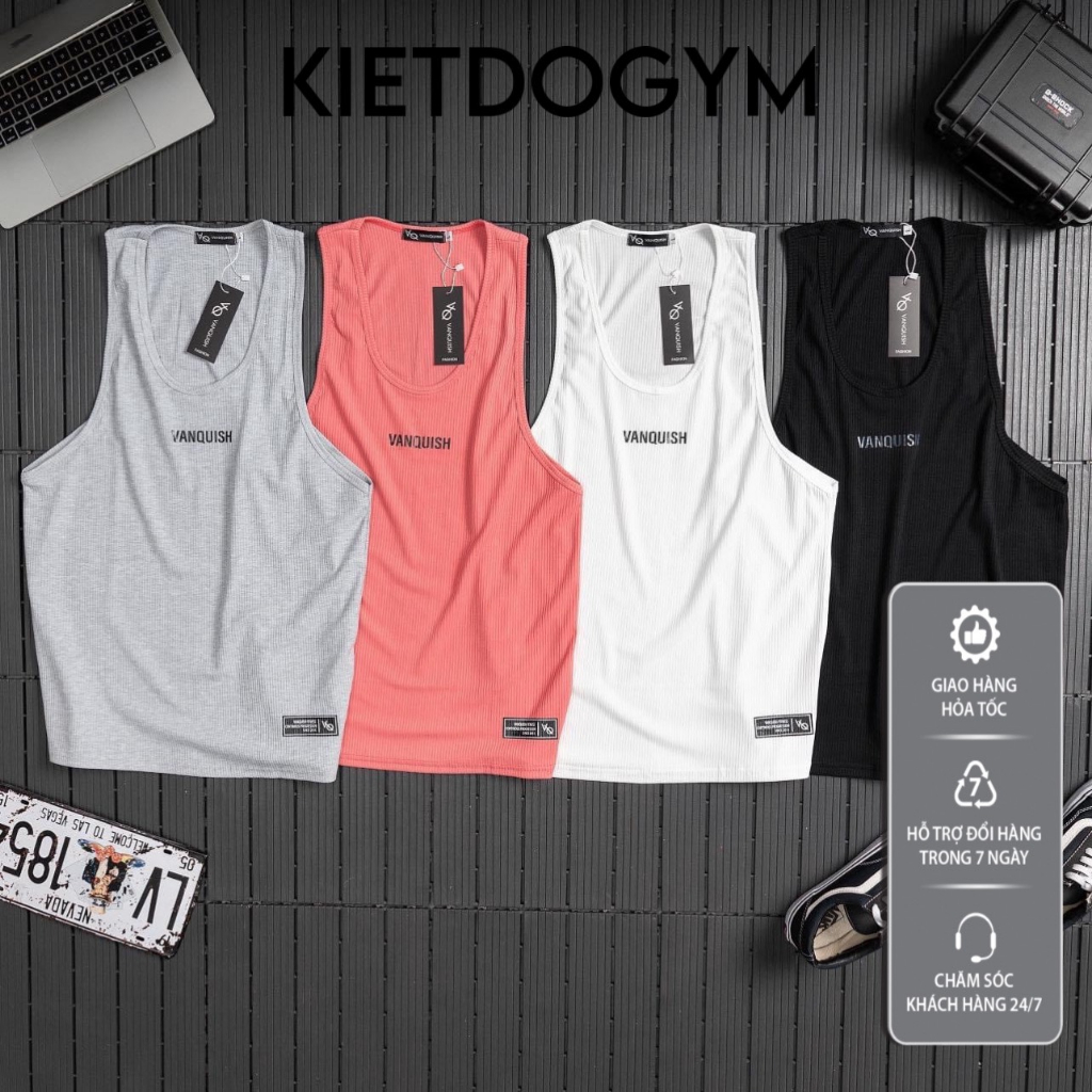 Áo Ba Lỗ Tập Gym Nam Logo Vanquish, Chất Thun Gân Co Giãn Thoải Mái, Thấm Hút Tốt