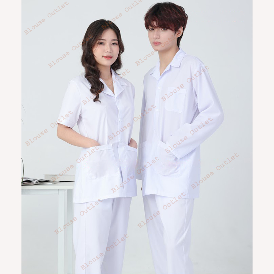 Bộ Blouse trắng trơn dáng ngắn cho điều dưỡng, y tá, dược sĩ, kĩ thuật viên