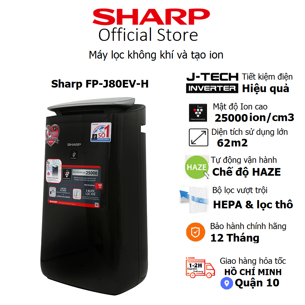 Máy lọc không khí Sharp FP-J80EV-H  Inverter, Plasmacluster ion, Diện tích lọc 62m2, Kết nối và điều khiển qua App