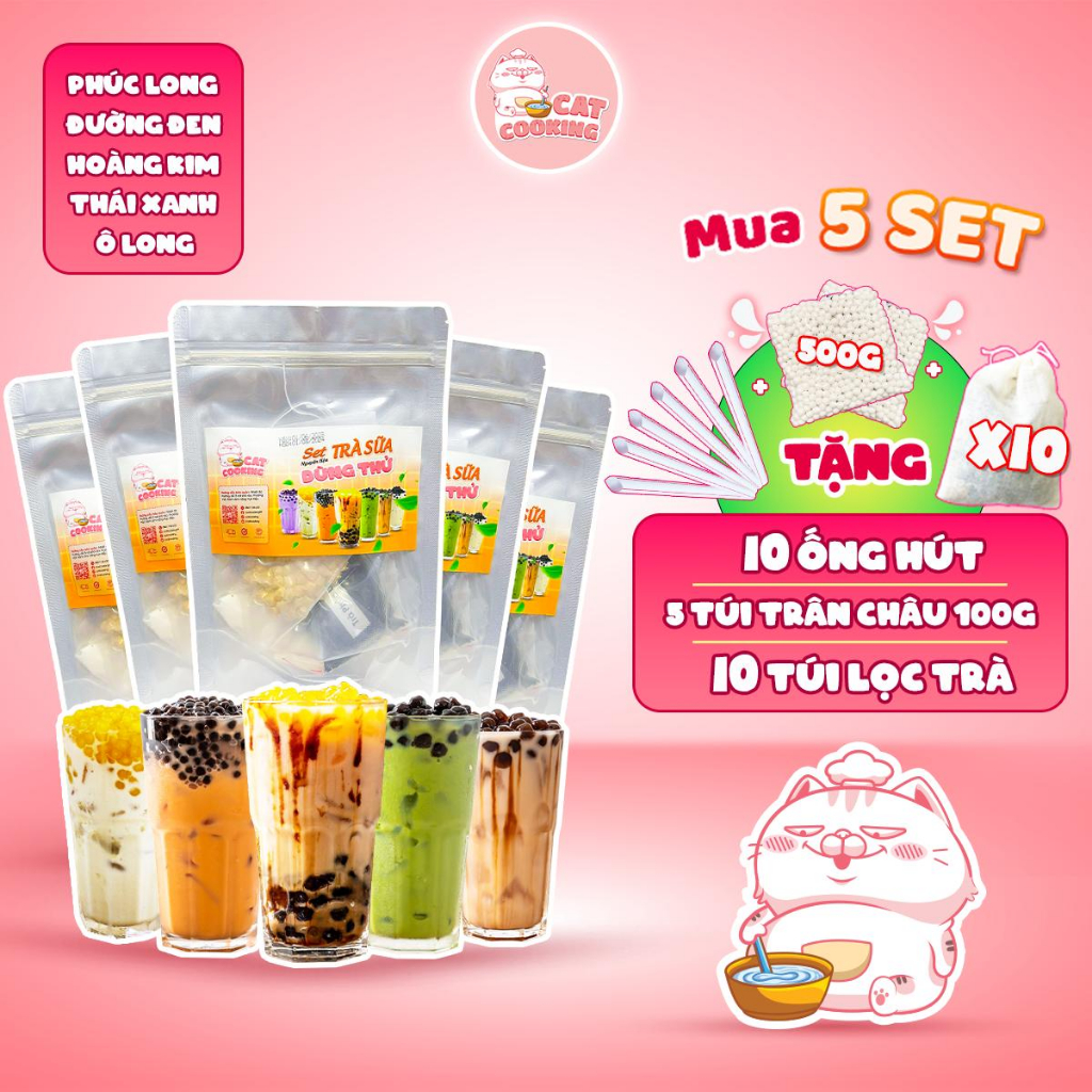 Combo 5 set trà sữa nhỏ Phúc Long, Thái Xanh, Đường Đen, Ô Long, Hoàng Kim - CATCOOKING