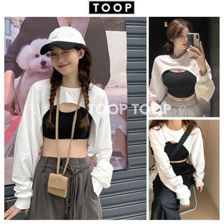 Set áo croptop khoét ngực tay dài kèm áo 2 dây ôm body ,bộ 2 món áo thun crt phong cách uIZZANG -TOOP