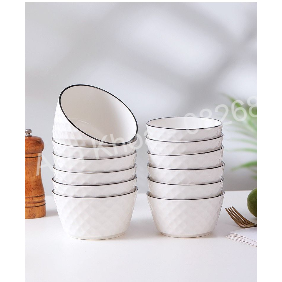 Bát Ăn Cơm Bát Chè Đĩa Sứ Chén Dĩa Sứ Dễ Thương Cute Decor Cao Cấp Bát trắng caro Viền Đen Cực Xinh Yêu