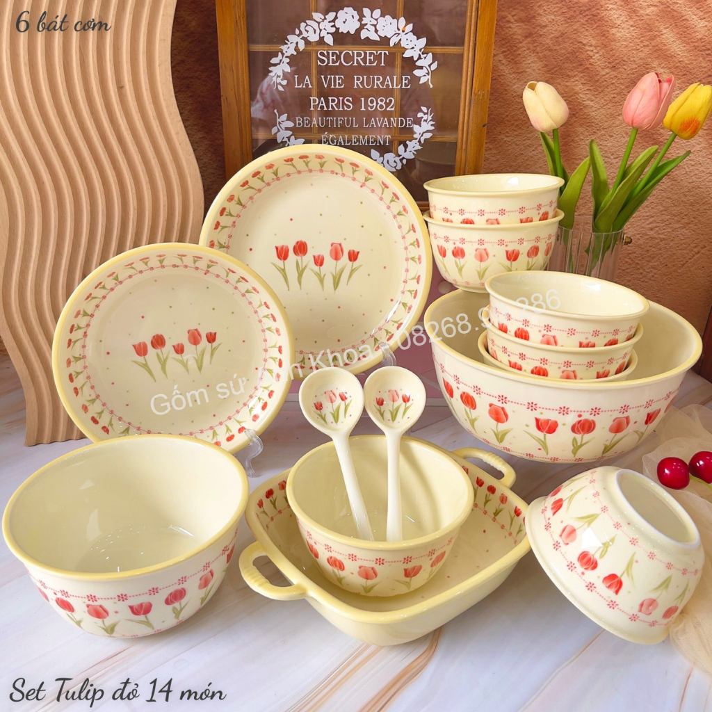 Bát Đĩa Gốm Sứ Decor, Bát Ăn Cơm, Bát Ăn Chè, Chén Dĩa Dễ Thươn Set Bát Đĩa Hoa Tuy Lip Đỏ Cực Xinh Yêu Gomsudecor21