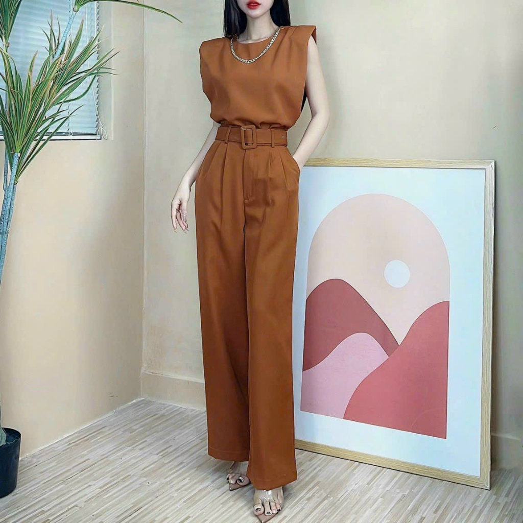 Set đồ bộ thiết kế kiểu thanh lịch công sở áo cổ tròn sát nách phối quần dài ống suông kèm đai nịt siêu tone dáng sang