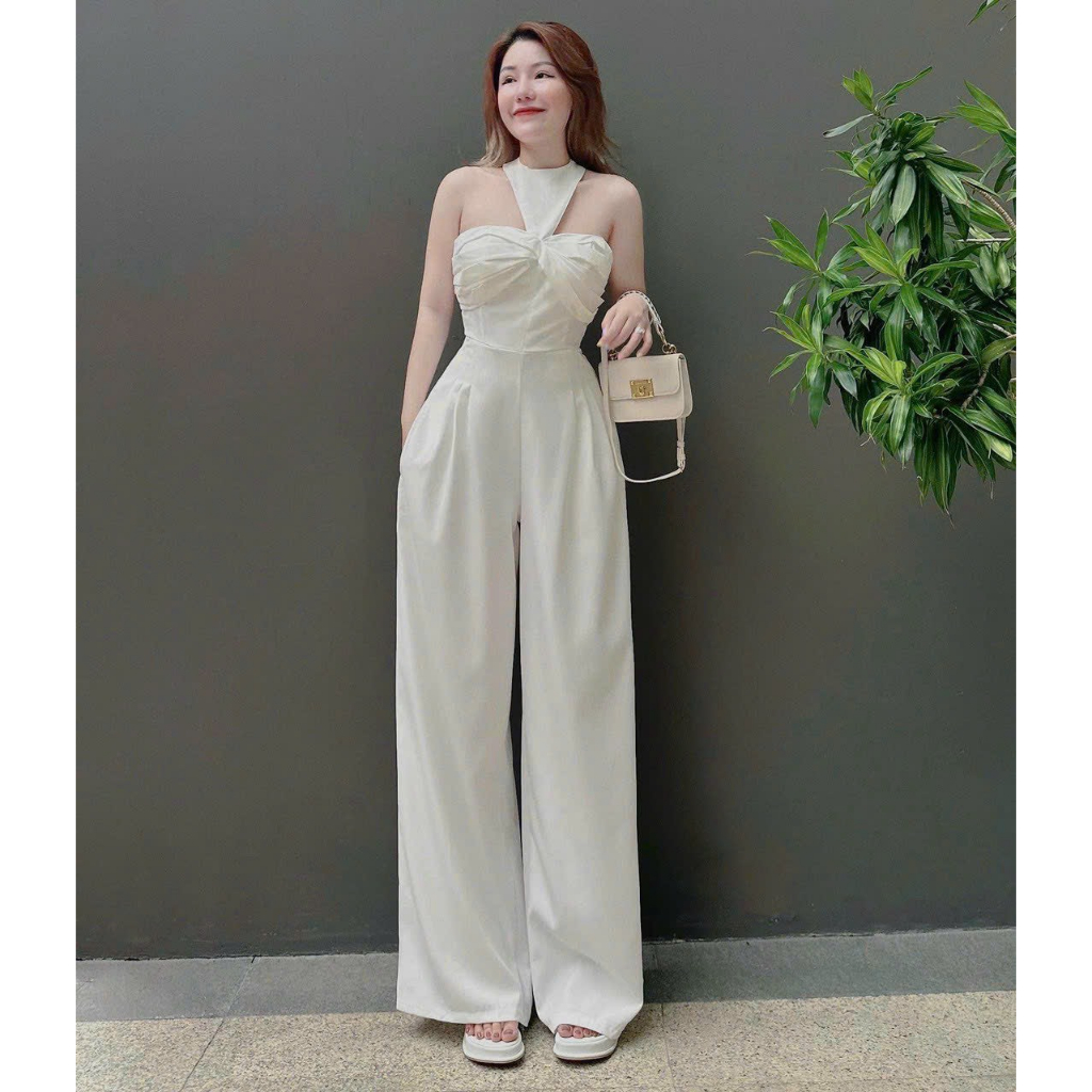 [7.7 Sales Freeship] Jumpsuilt nữ quần ống rộng cúp ngực cổ yếm, jum trơn màu đen trắng cotton lạnh sang chảnh dx