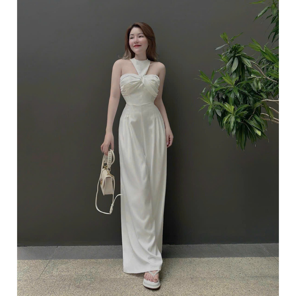 [7.7 Sales Freeship] Jumpsuilt nữ quần ống rộng cúp ngực cổ yếm, jum trơn màu đen trắng cotton lạnh sang chảnh dx