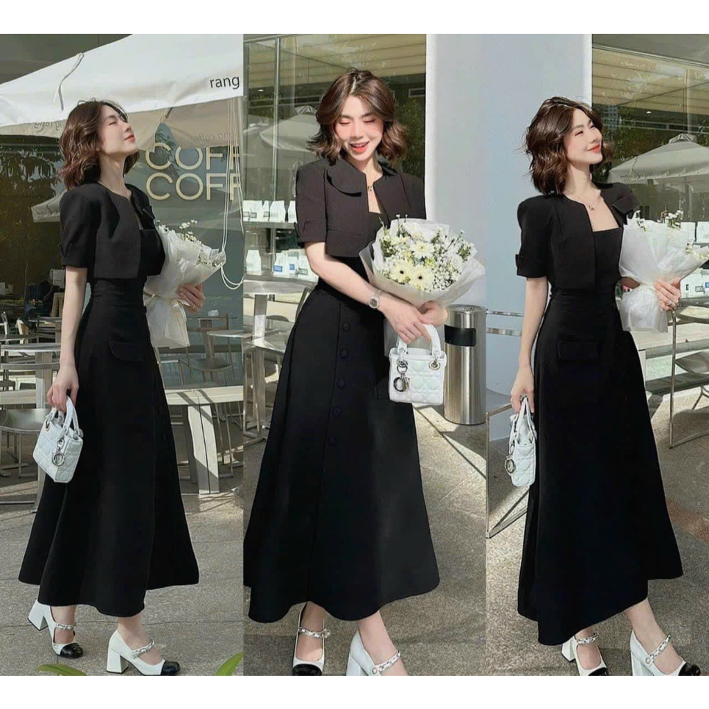 Set đầm nữ 2 món, đầm cotton 2 dây cổ vuông dáng dài đính nút phối túi kèm khoác vest chanh sả dx