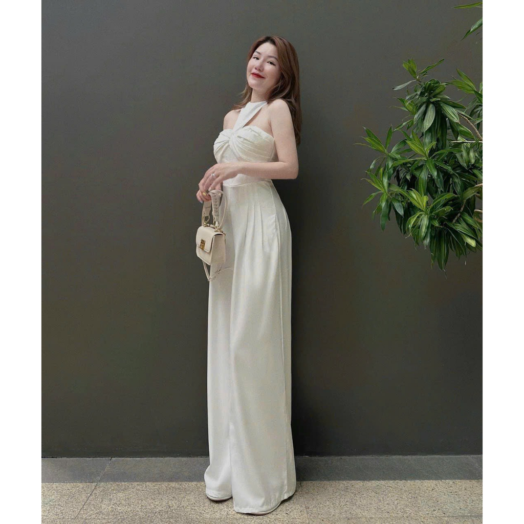 [7.7 Sales Freeship] Jumpsuilt nữ quần ống rộng cúp ngực cổ yếm, jum trơn màu đen trắng cotton lạnh sang chảnh dx