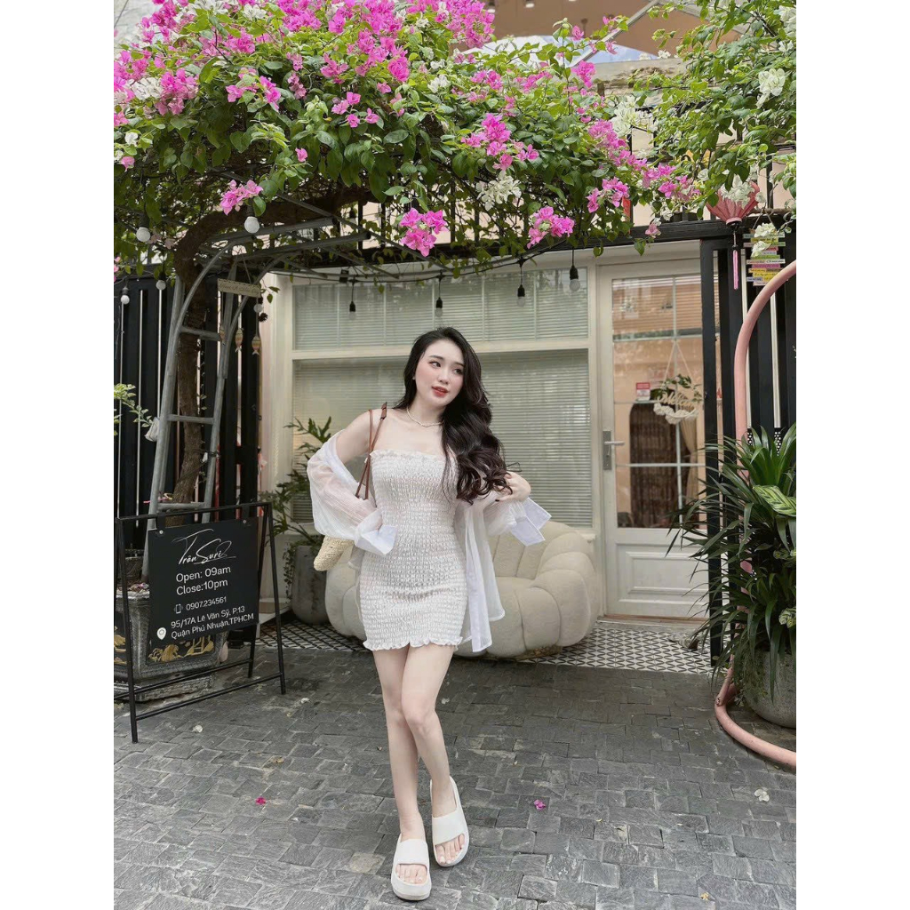 [7.7 Sales Freeship] Set đầm nữ 2 món, đầm nhún ôm body cup ngực kèm áo khoác sơ mi ngoài tay dài đi biển siêu xinh dx