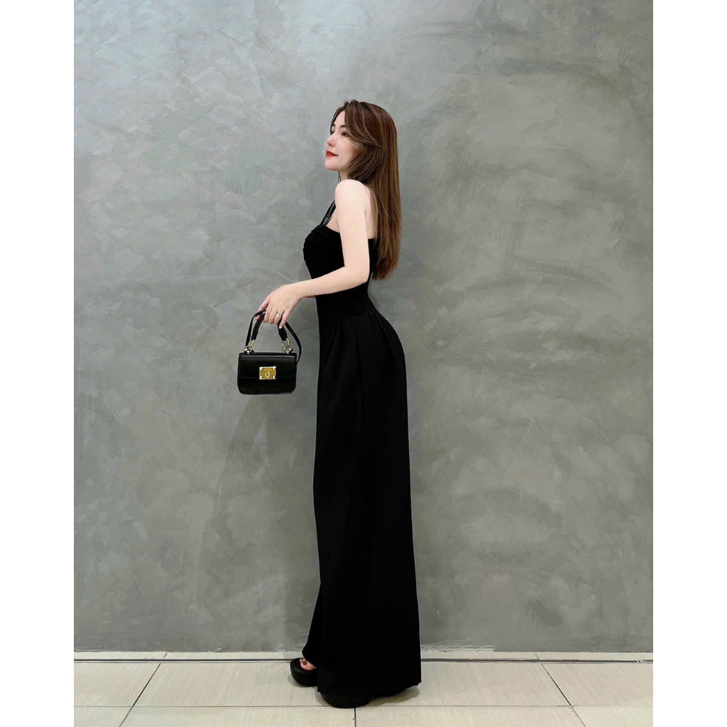 [7.7 Sales Freeship] Jumpsuilt nữ quần ống rộng cúp ngực cổ yếm, jum trơn màu đen trắng cotton lạnh sang chảnh dx