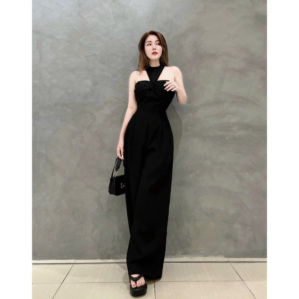[7.7 Sales Freeship] Jumpsuilt nữ quần ống rộng cúp ngực cổ yếm, jum trơn màu đen trắng cotton lạnh sang chảnh dx