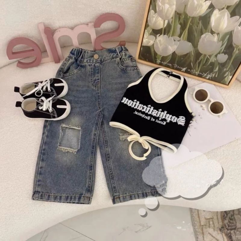 Bộ áo 8_35kg) croptop kèm quần xuông cá tính bé gái