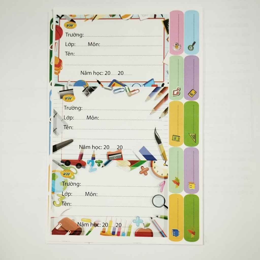 Túi 12 nhãn vở VH kèm nhãn phụ có decal tự dính