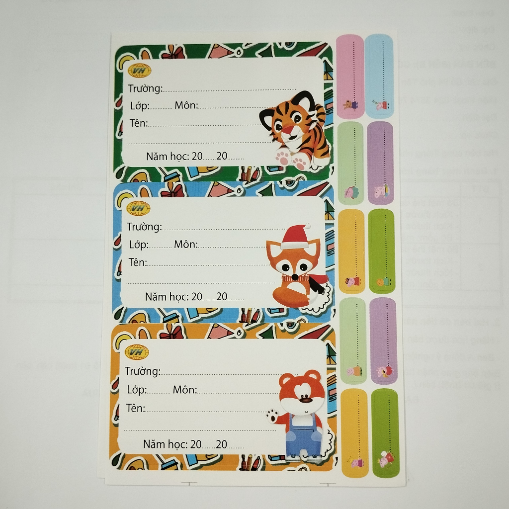 Túi 12 nhãn vở VH kèm nhãn phụ có decal tự dính