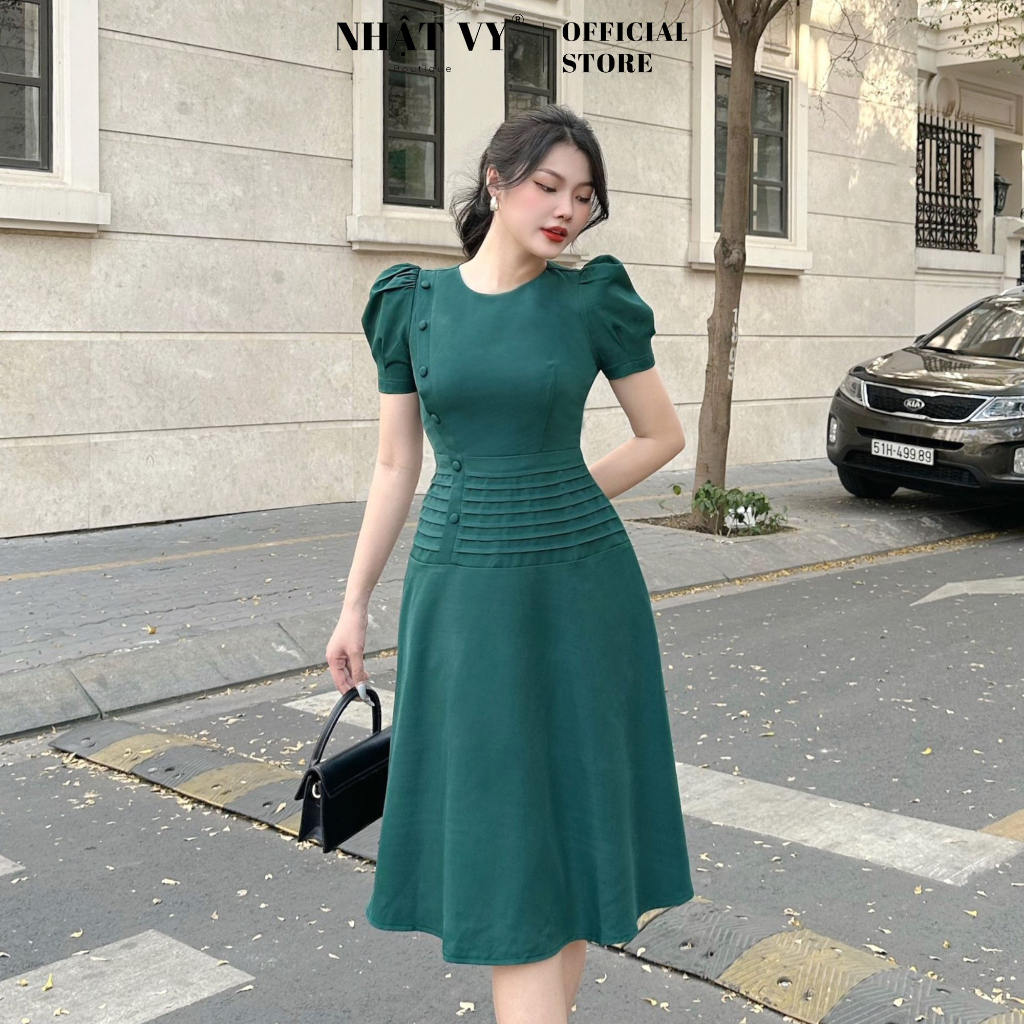 Đầm dự tiệc Nhật Vy cổ tròn đính cúc bọc eo dập ly dáng xoè chất lụa phù hợp công sở đi chơi sang trọng - D2820