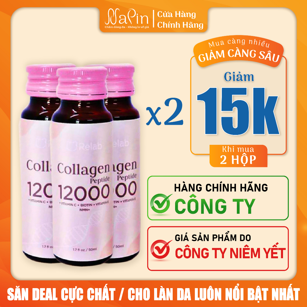 Nước uống bổ sung collagen peptide 12000 nhật bản RELAB JAPAN giúp làm đẹp da, hỗ trọ tăng cường sức khỏe hộp 6 chai