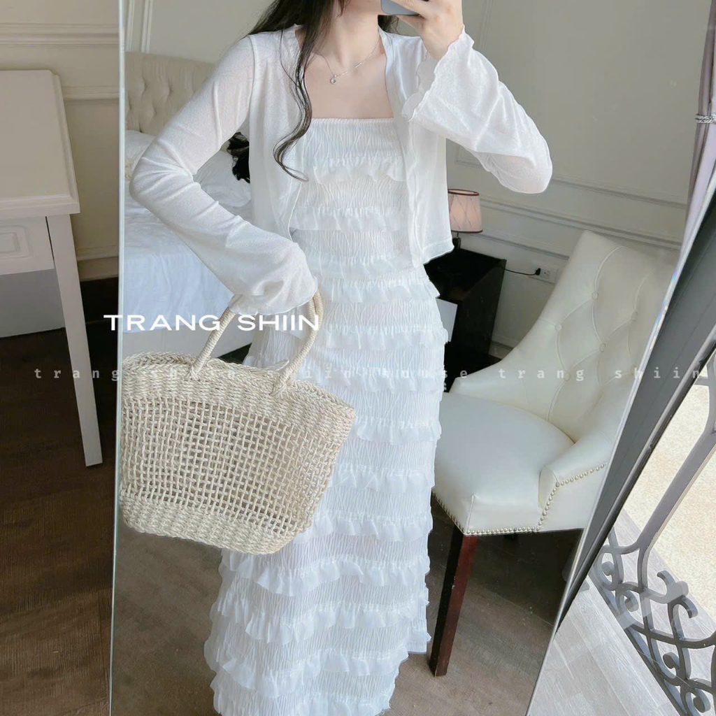 SÉT BỘ ĐẸP XUẤT SẮC VÁY HAI DÂY BÈO KÈM KHOÁC NGOÀI THIẾT KẾ DUYÊN DÁNG TRẺ TRUNG