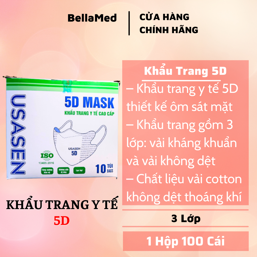 Khẩu trang 5D USASEN 3 lớp Vải Không Dệt, Giấy Kháng Khuẩn - Hộp 100 cái