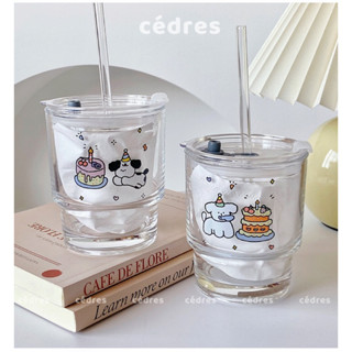 Cốc thuỷ tinh hai tầng trong suốt chịu nhiệt có nắp và ống hút hình cún Birthday đáng yêu ly cafe trà sữa 400ml Cedres