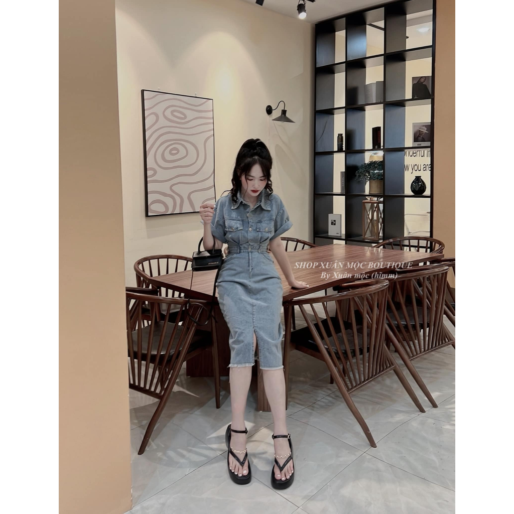 Váy bò dáng dài xẻ tà trước viền tua rua hàng quảng châu siêu đẹp - Đầm jean nữ