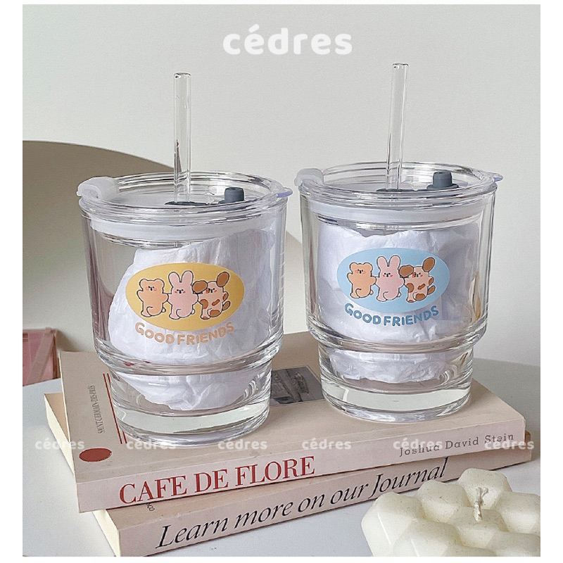 Cốc thuỷ tinh hai tầng trong suốt chịu nhiệt có nắp và ống hút hình ba chú gấu Good Friends đáng yêu ly nước cafe 400ml
