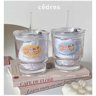  Cốc thuỷ tinh hai tầng trong suốt chịu nhiệt có nắp và ống hút hình ba chú gấu Good Friends đáng yêu ly nước cafe 400ml 