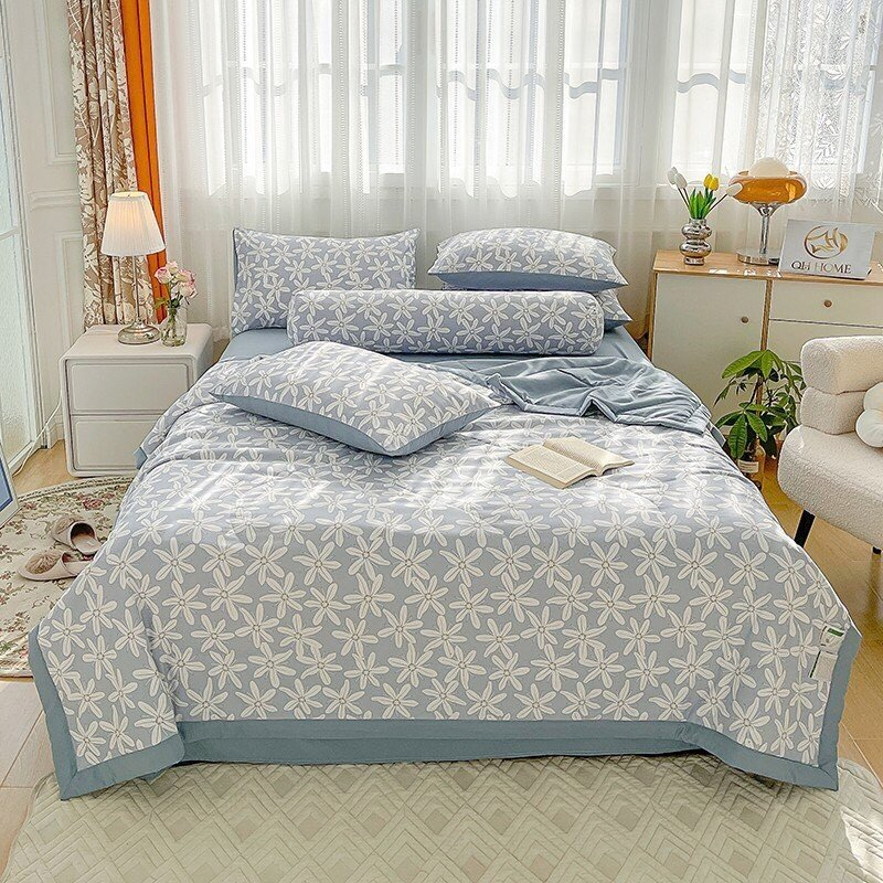 Bộ Chăn Chần Ga Giường Vỏ Gối Cotton Đũi hữu cơ 5 món nhiều họa tiết hoa lá dễ thương, Ga trải giường nhiều kích thước
