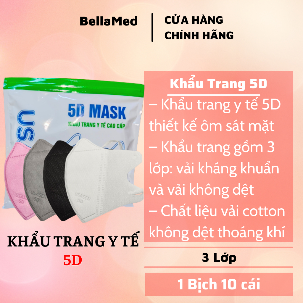 Khẩu trang 5D USASEN 3 lớp Vải Không Dệt, Giấy Kháng Khuẩn - Bịch 10 cái