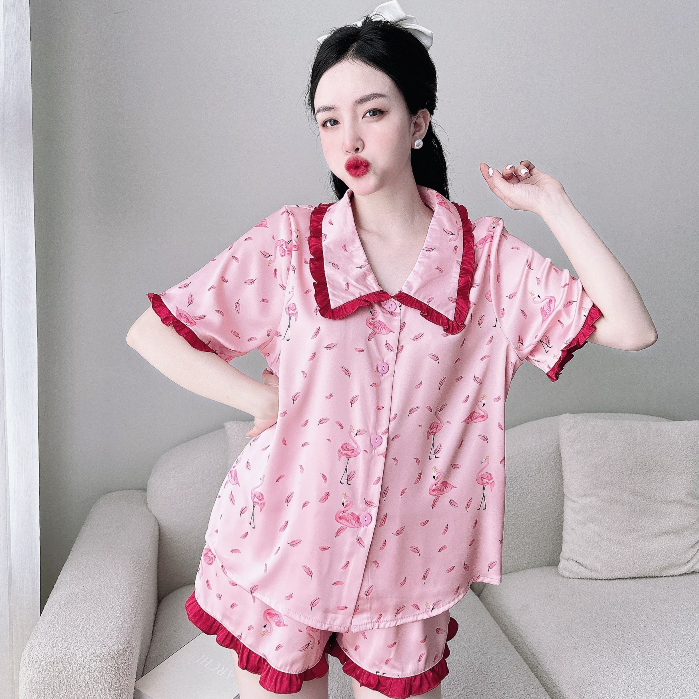 PIjama Nữ SOJUN Bộ Đùi Lụa Latin Cổ Lá Sen Bèo 45-65 kg