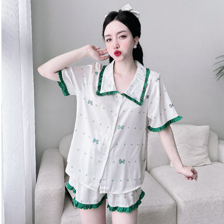 PIjama Nữ SOJUN Bộ Đùi Lụa Latin Cổ Lá Sen Bèo 45-65 kg