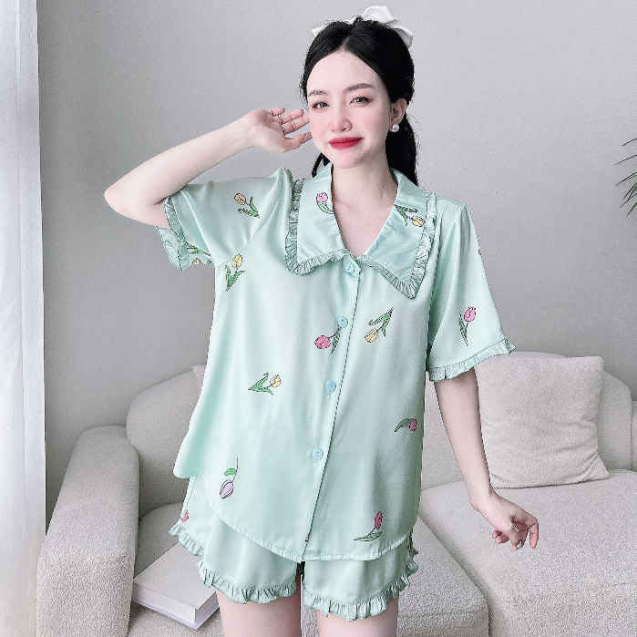 PIjama Nữ SOJUN Bộ Đùi Lụa Latin Cổ Lá Sen Bèo 45-65 kg