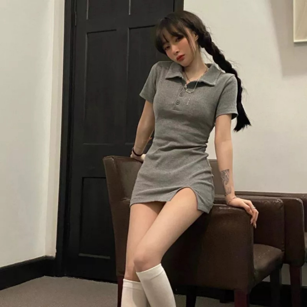 Váy Body Cổ Bẻ Xẻ TrướcChất Thun Gân Tăm - A488 - Đầm polo xẻ trước