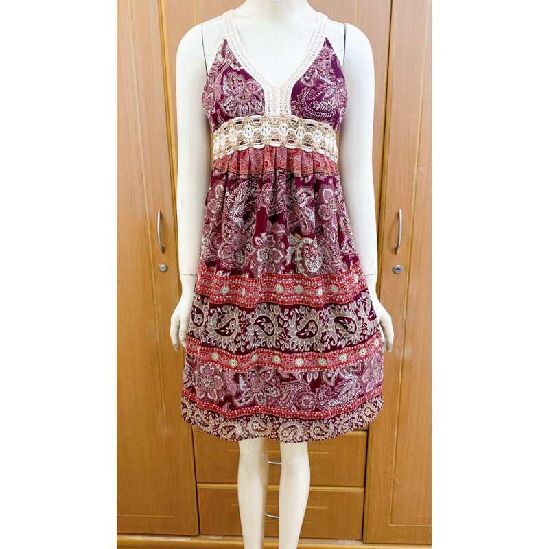 Đầm 2 dây 2hand Nhật hiệu Birca phrase đỏ đô phối dây ánh nhũ độc đáo