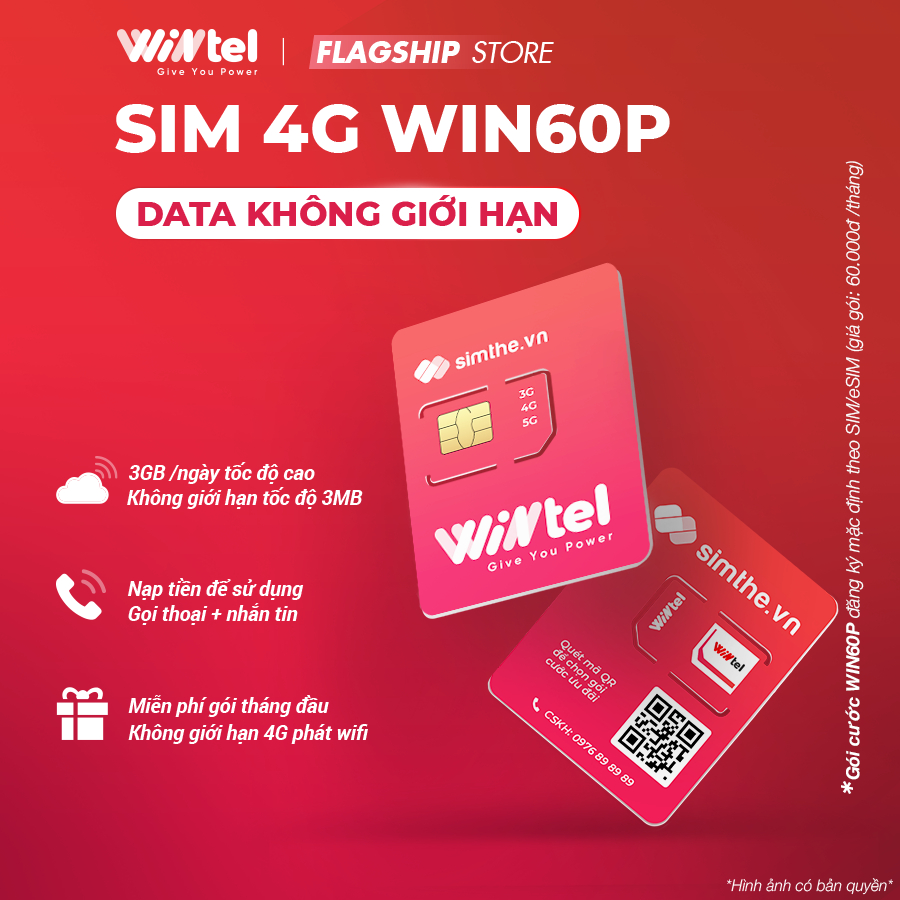 Sim WINTEL WIN60P Data 4G Tốc Độ Cao + Phát WIFI Không Giới Hạn. Dùng Sóng VinaPhone Trên Toàn Quốc. Siêu Rẻ 60K/Tháng