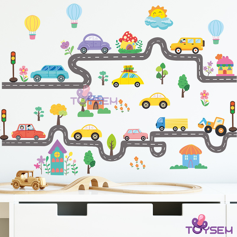 Decal dán tường mẫu đường và xe giao thông cho bé hoạt tiết hoạt hình dễ thương - Quà tặng sinh nhật cho bé
