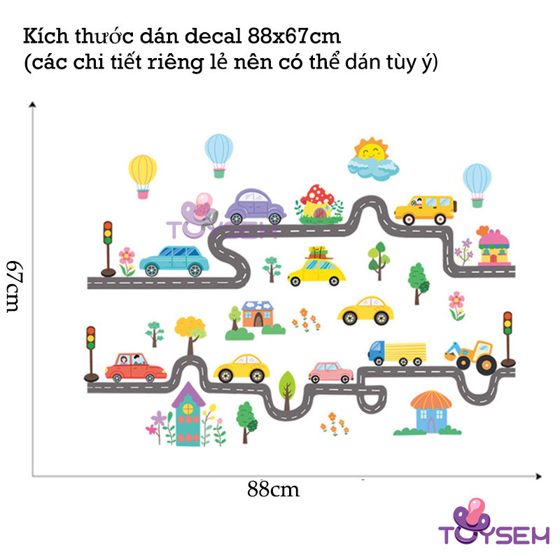 Decal dán tường mẫu đường và xe giao thông cho bé hoạt tiết hoạt hình dễ thương - Quà tặng sinh nhật cho bé