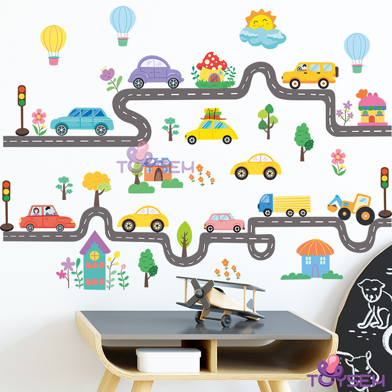 Decal dán tường mẫu đường và xe giao thông cho bé hoạt tiết hoạt hình dễ thương - Quà tặng sinh nhật cho bé