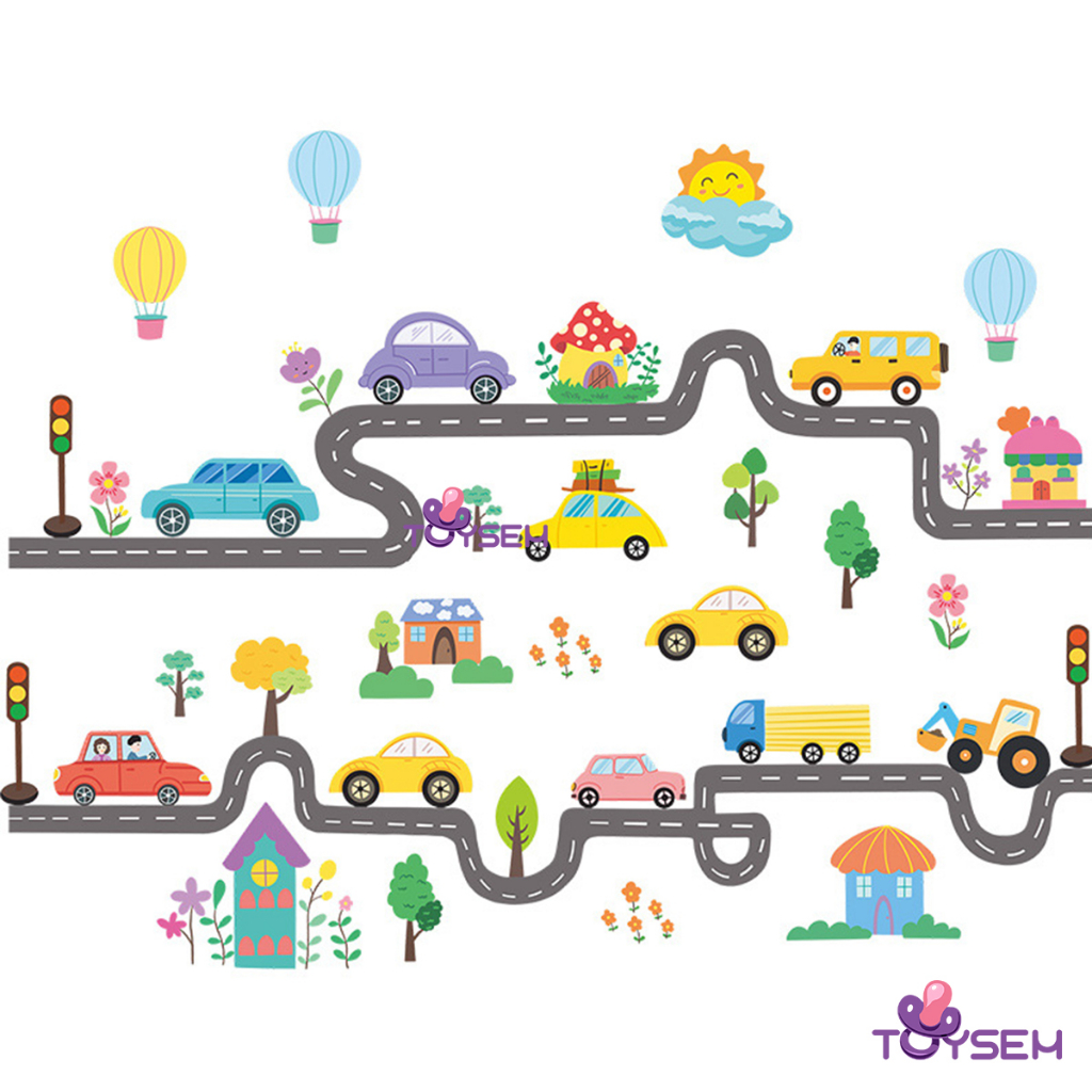 Decal dán tường mẫu đường và xe giao thông cho bé hoạt tiết hoạt hình dễ thương - Quà tặng sinh nhật cho bé