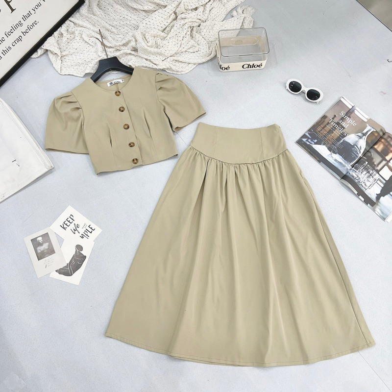 [S2.301] Set Bộ Thô Kaki Áo Croptop Khuy Dọc Mix Chân Váy Dáng Dài 2 Màu Có Ảnh Thật