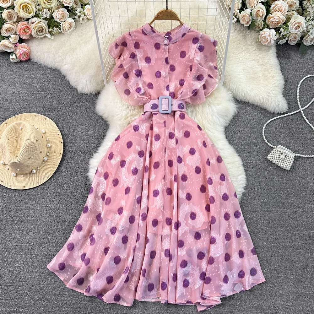Đầm không tay màu hồng họa tiết chấm nhỏ kèm thắt lưng