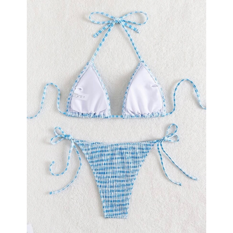 Bộ Bikini Nữ Thêu Smock màu xanh biển trendy