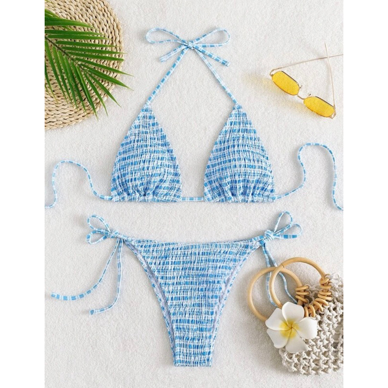 Bộ Bikini Nữ Thêu Smock màu xanh biển trendy