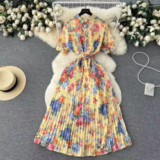 #2801 [Sẵn một số màu] Đầm tay ngắn cổ sơ mi xếp ly họa tiết hoa nhí 4 màu