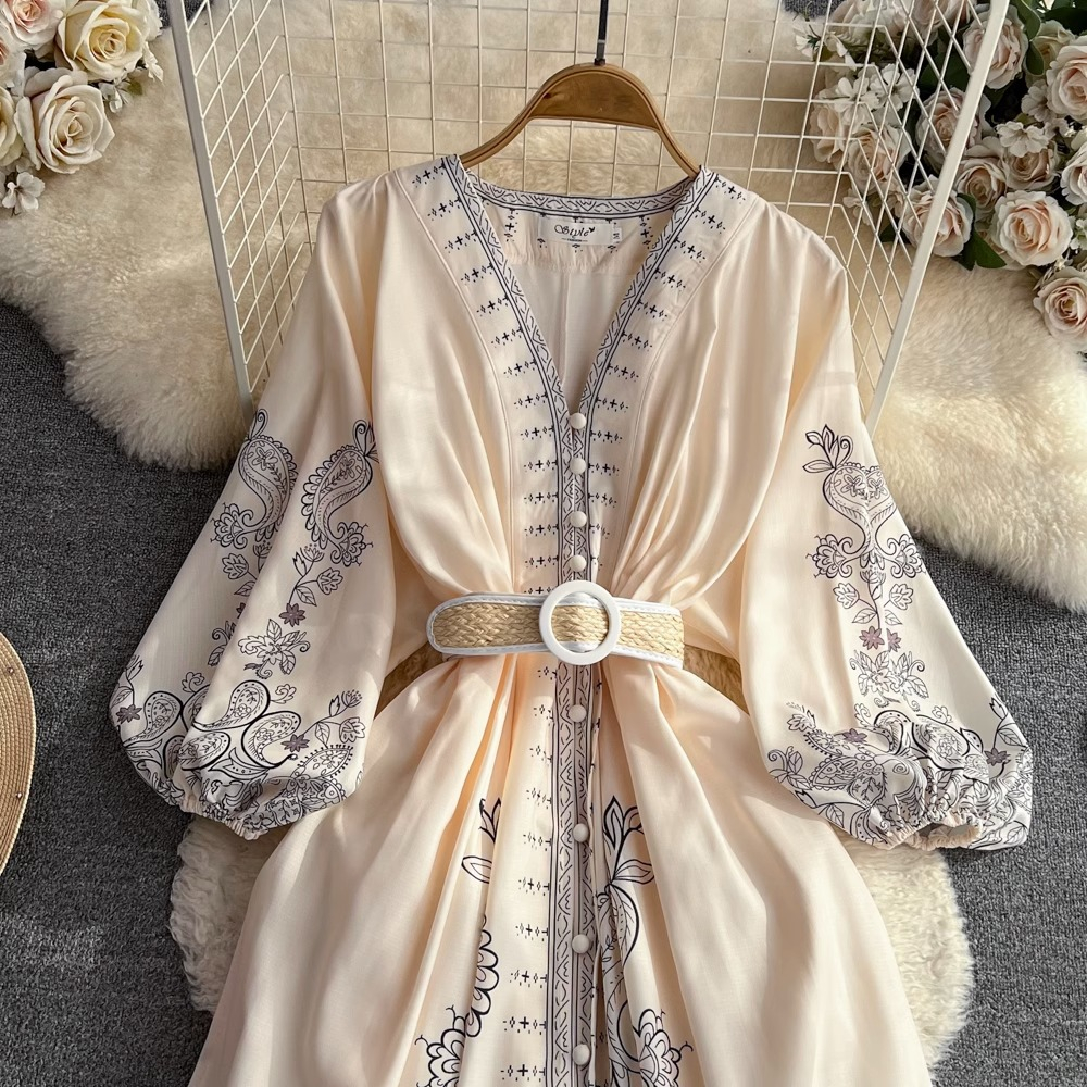 #2805  Đầm tay dài dáng cổ chữ V dáng suông kèm thắt lưng