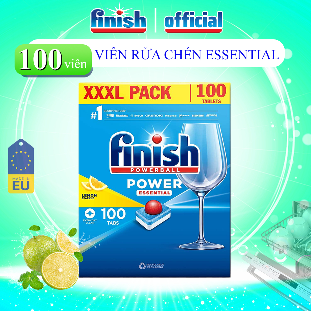 Combo Viên Rửa Chén Bát Finish Power Essential Hộp 100 Viên Rửa Sạch Hiệu Quả Nhập Khẩu Châu Âu Chính Hãng