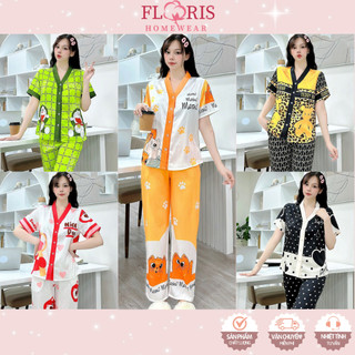 Bộ đồ pizama mặc nhà lụa xước nhiều họa tiết, Set bộ ngủ đẹp mềm mịn cao cấp, mặc nhà sang trọng